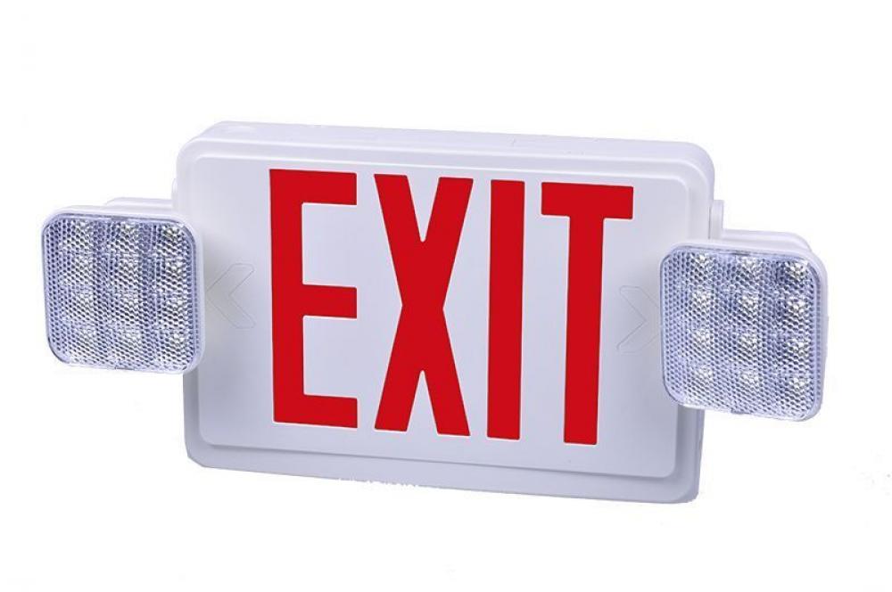 All LED Exit/Emergency Light Combo, Sgl/Dbl Face, Red Letters White Housing, 120/277V