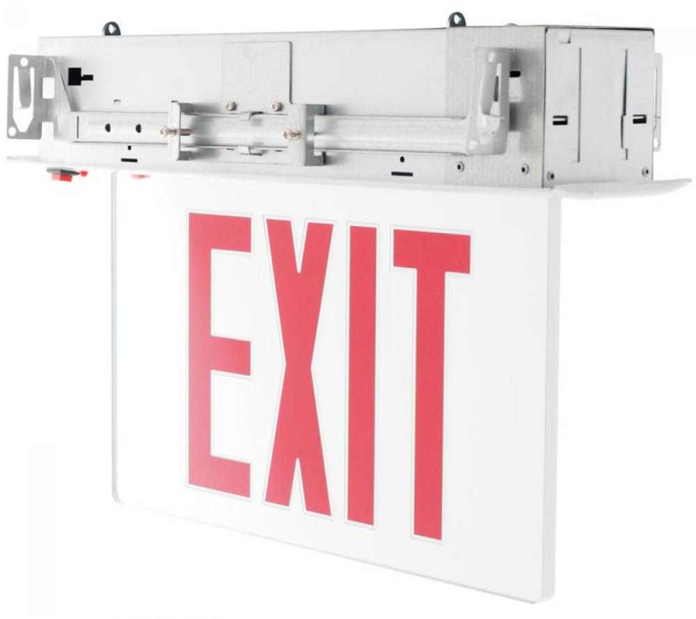 RECESSED EXIT LIGHTING, SINGLE FACE, RED ON CLEAR PANEL, ALUMINUM HOUSING