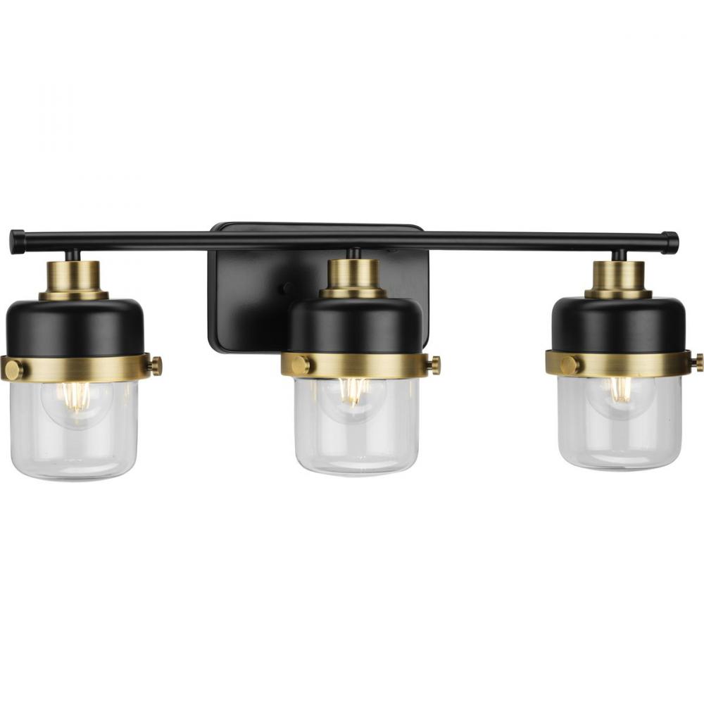 Beckner Collection Three-Light Matte Black Clear Glass Urban Industrial Bath Light with Vintage Bras