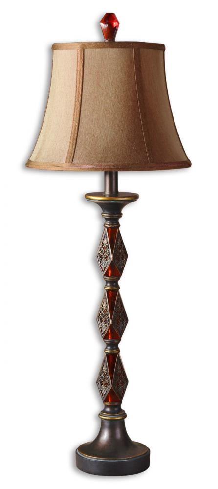 Translucent Red Ornaments With Distressed Bronze Details And Gold Highlights. Table Lamp